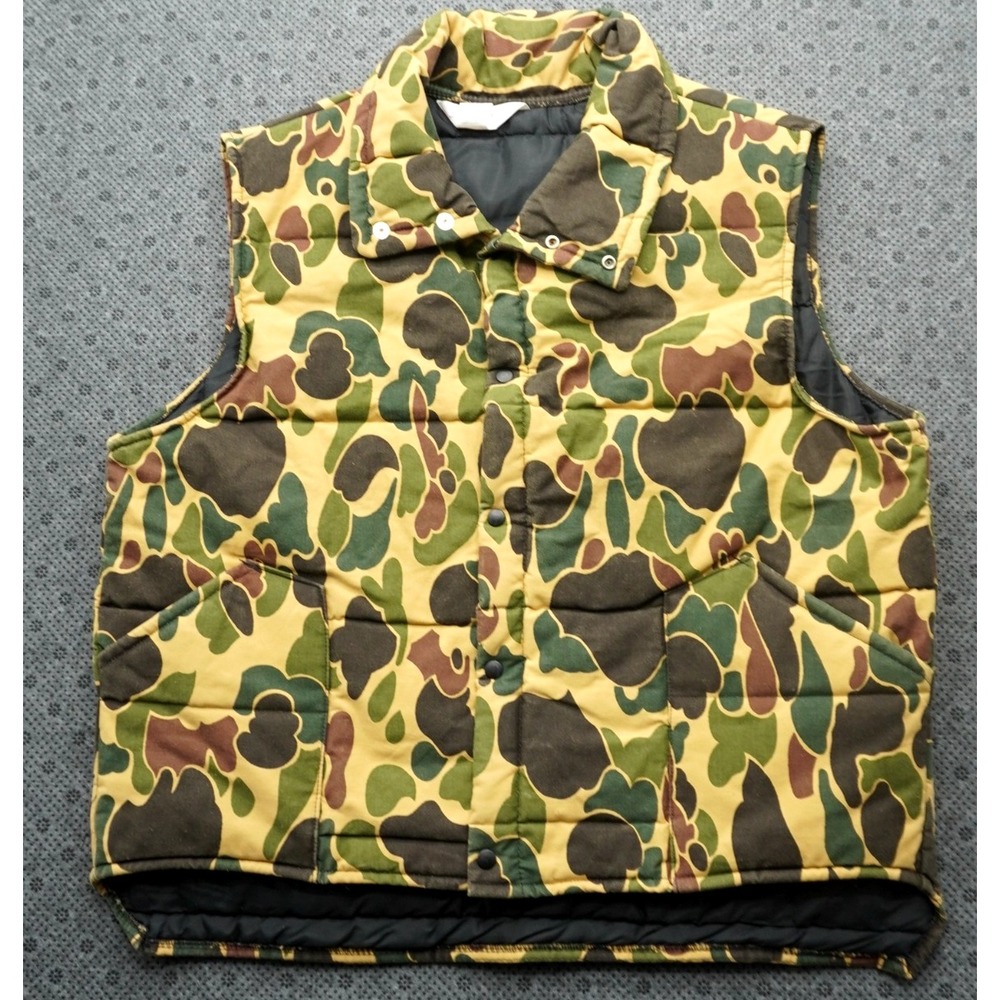 Vintage Duck Camo Puffer Vest Mens XL 'Jim Catfish Hunter' BEST - Made in USA
